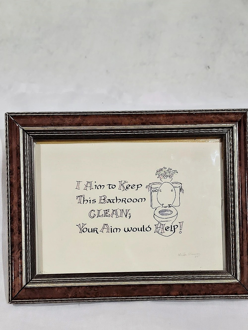 Pair Of Vintage 1994 Framed Bathroom Art Pair Signed Linda Shannon Folk Art